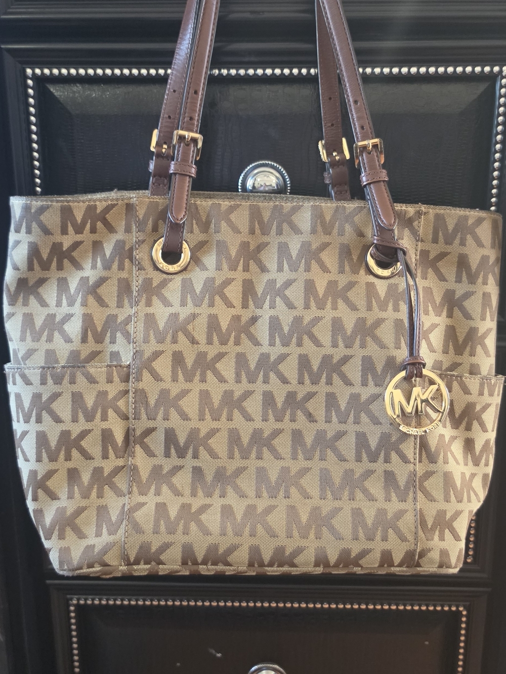 Michael Kors Tan and Brown MK Logo Tote with Gold Accent